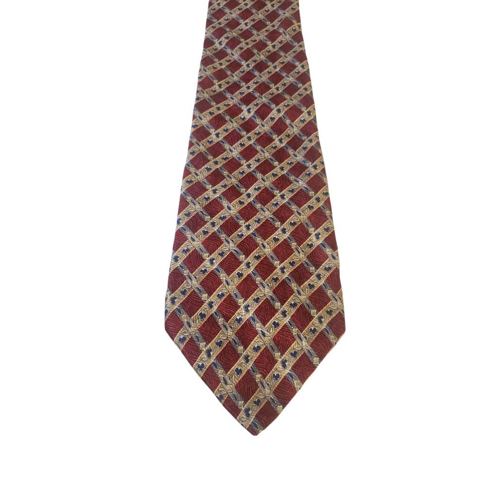 Oscar de la Rents Neck Tie Mens Authenticated Red Blue‎ Basket Weave 100% Silk
